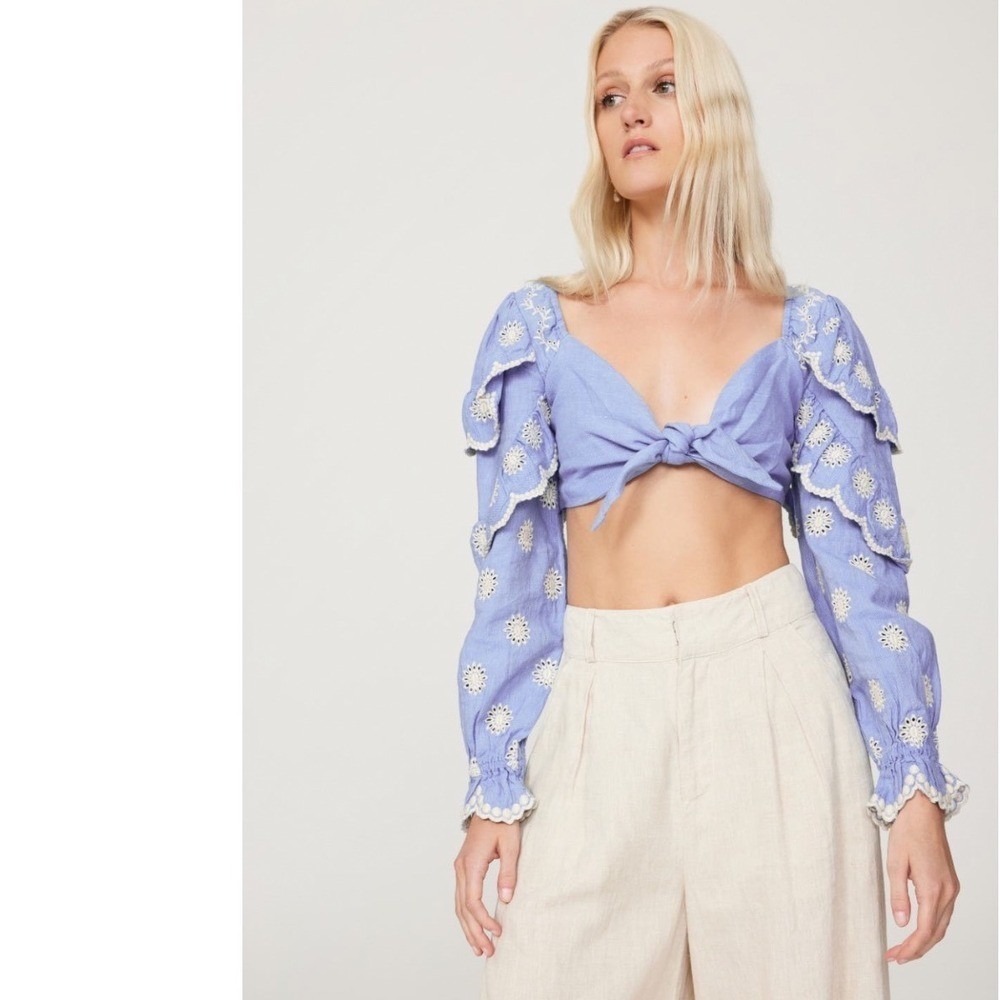 LoveShackFancy Blue Eyelet Ruffle Sleeve Tie Front Crop Top Blouse Large - Picture 2 of 9